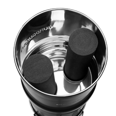Metallic container with black cylindrical objects on a white background