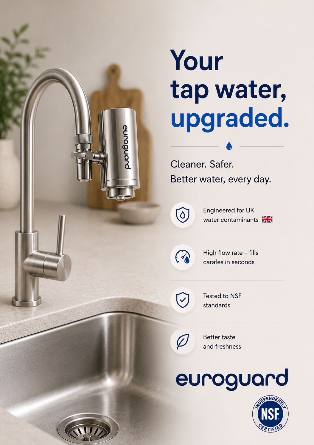 euroguard Stainless Steel Tap Water Filter & & Kitchen Faucet Purifier System - Patented CeraCore by euroguard